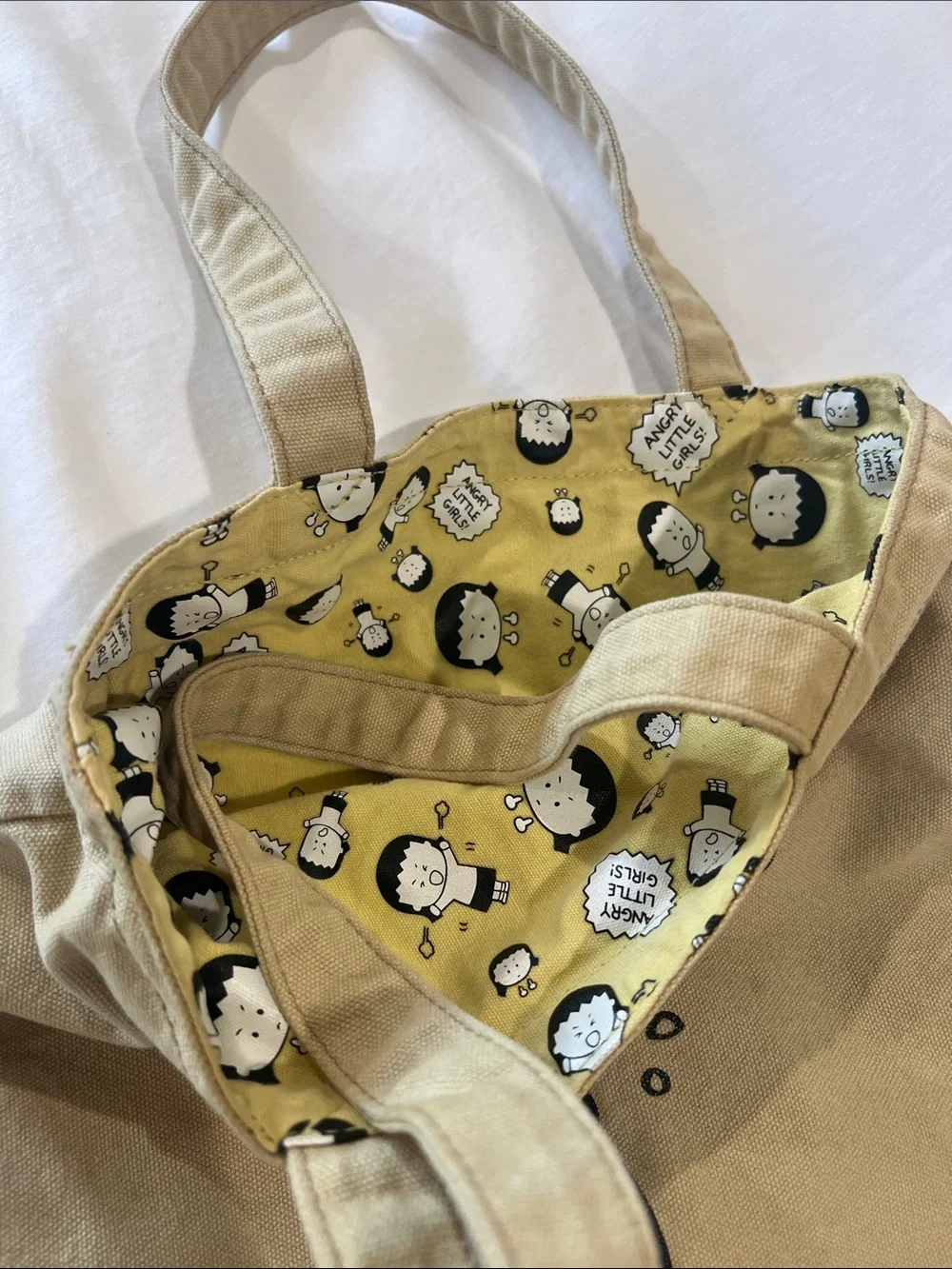 Angry Little Girls Canvas Tote Bag with 'I Hate Meat Eaters' Chicken Print - Tan